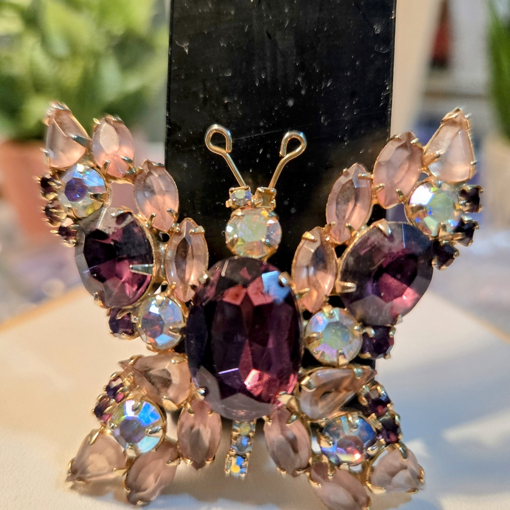 Purple and Gold Butterfly Brooch with Intricate Gemstone Design